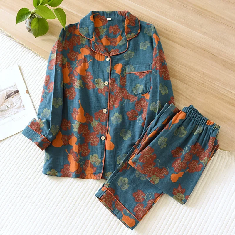 2025 japanisches Frühlings- und Herbst-Neues Damen-Pyjama-Set aus 100 % Baumwolle, Vintage-Langarmhose, zweiteiliges Set für Heimtextilien