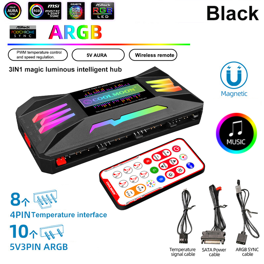 COOLMOON 5V/3Pin ARGB 4Pin Lüfter PWM HUB 1To8 Musik Rhythmus Temperatur Controller Aura Sync Lüfter Fernbedienung Chassis Hub