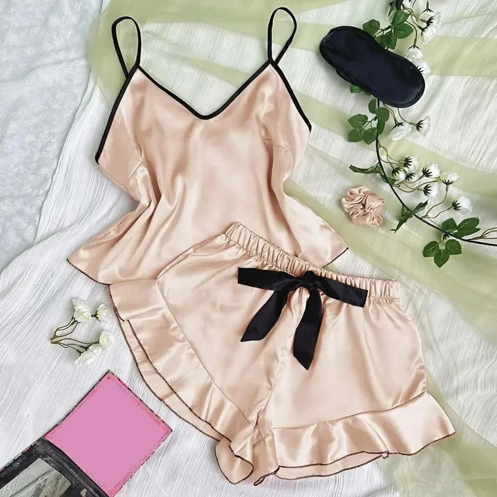 Pijama feminino de cetim liso, camiseta com decote em v, bordas com babados e shorts com laço, conjunto de pijama simples e respirável, roupas para casa