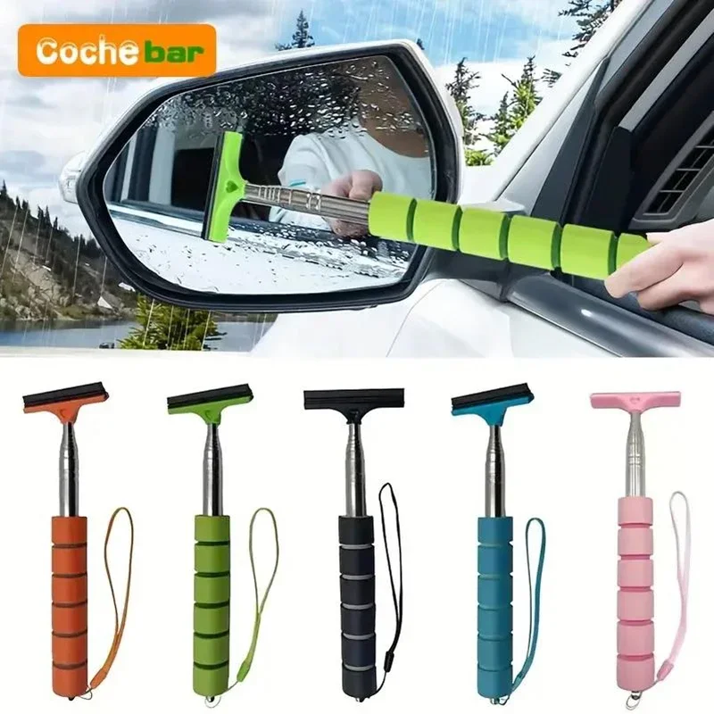 Limpiaparabrisas de espejo retrovisor de coche, mango telescópico, limpiaparabrisas de espejo retrovisor de coche, herramientas de limpieza de vidrio de acero inoxidable duradero, cepillo de limpieza