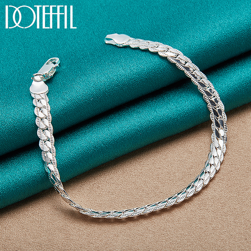 Doteffil 925 pulseira de prata 6mm 18/19/20cm corrente lateral plana fecho lagosta para mulher homem jóias de noivado de casamento