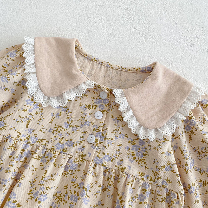 Dulce niños niñas de manga larga estampado de flores vestido de princesa otoño niñas vestido con cuello de muñeca ropa para niños vestido