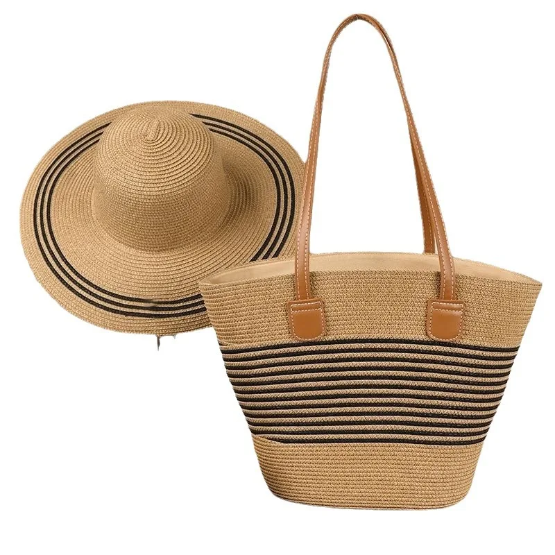 Set di borse e cappelli in paglia di grande capacità più venduto, borsa tote da esterno, cappello da sole alla moda
