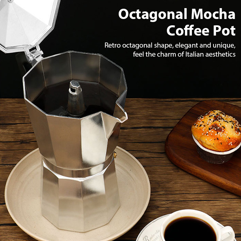 กาต้มน้ํากาแฟอลูมิเนียม Latte Percolator บ้านอิตาเลี่ยนแปดเหลี่ยมกาแฟ Moka หม้อสํานักงานกลางแจ้ง Camping หม้อชาเอสเปรสโซ