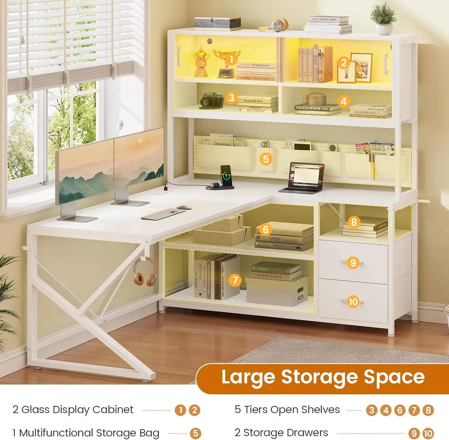 L Shaped Gaming Desk, Home Office Computer Desk with 2 Drawer and Bookshelf, L Shaped Gaming Corner Desk with LED Light