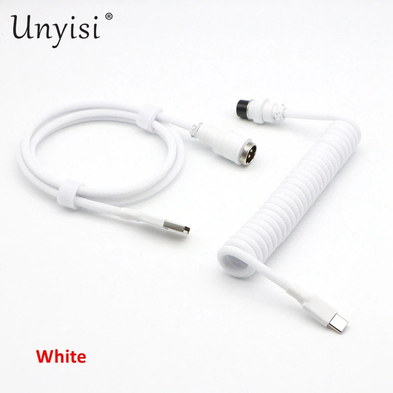 Handgefertigtes Paracord und PET-Doppelhülsen-USB-A auf USB-C Typ-C-Spiralkabel für mechanische Tastatur mit GX16 Aviator.