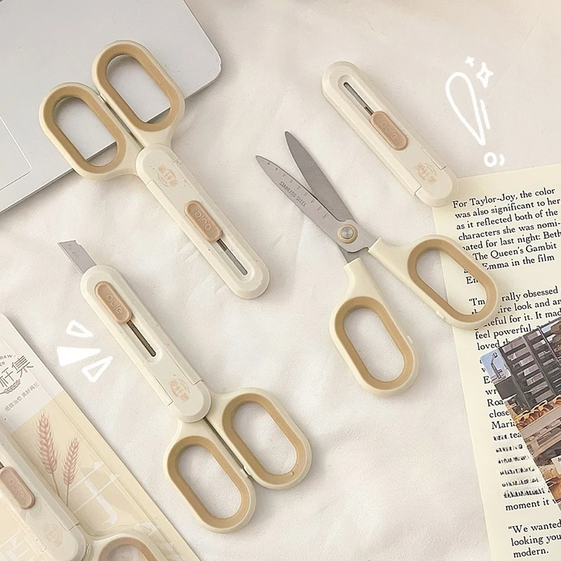 Portable Expandable Blade Cutter Scissors - 2 in 1, Wheat Straw Nature series Envelope Knife Express Boxes Packing A7847