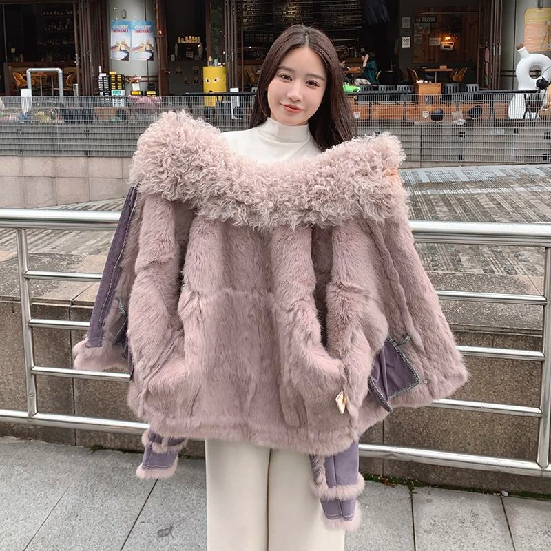Damen Pelzmantel 2024 Frühling und Herbst Mode Schaffell Jacke natürliches Kaninchen Futter natürliche Wolle Kragen elegante Freizeitkleidung