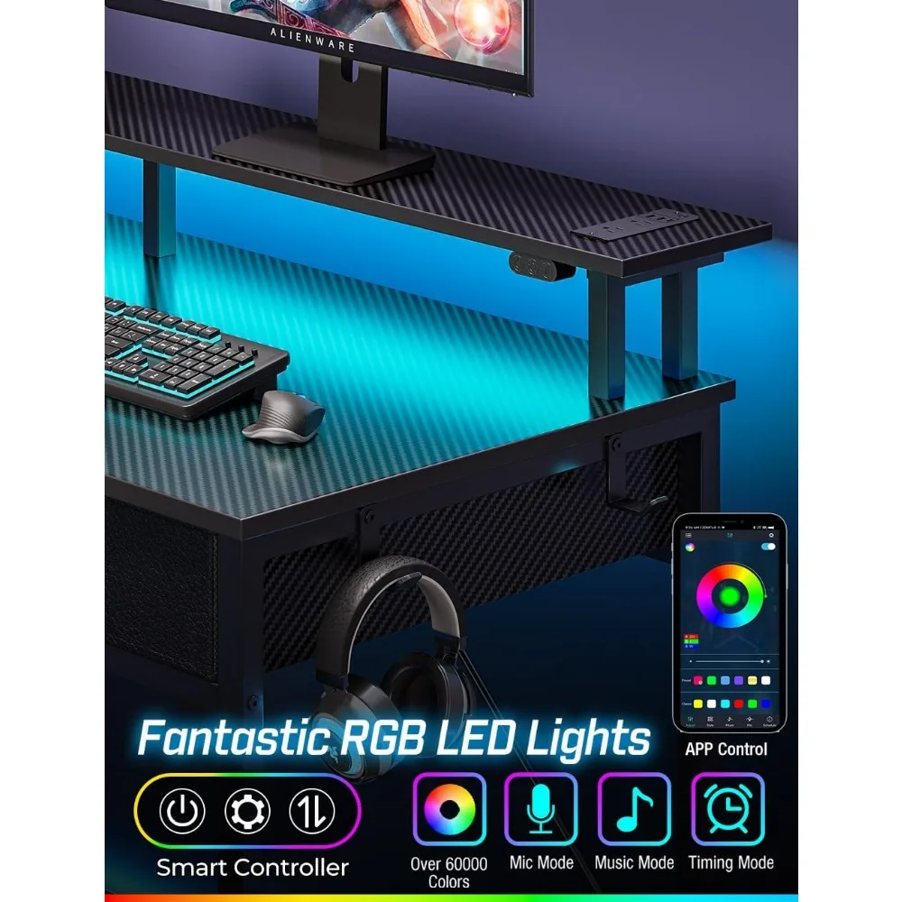 omputer Desk with Power Outlets & LED Light, 47 inch Home Office Desk with 3 Drawers and Storage Shelves, Writing Desk
