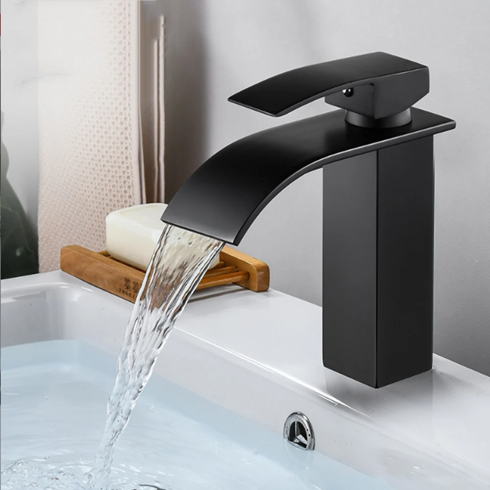 Cachoeira lavatório de aço inoxidável torneira alta e baixa preto quente e fria lavatório banheiro casa