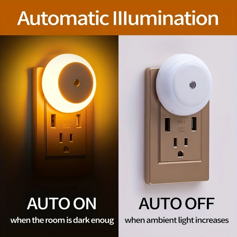 Luz LED nocturna enchufable con Sensor de atardecer al amanecer, luz nocturna de pared inteligente para baño, dormitorio, hogar, cocina, pasillo, lámpara redonda, 1 ud.