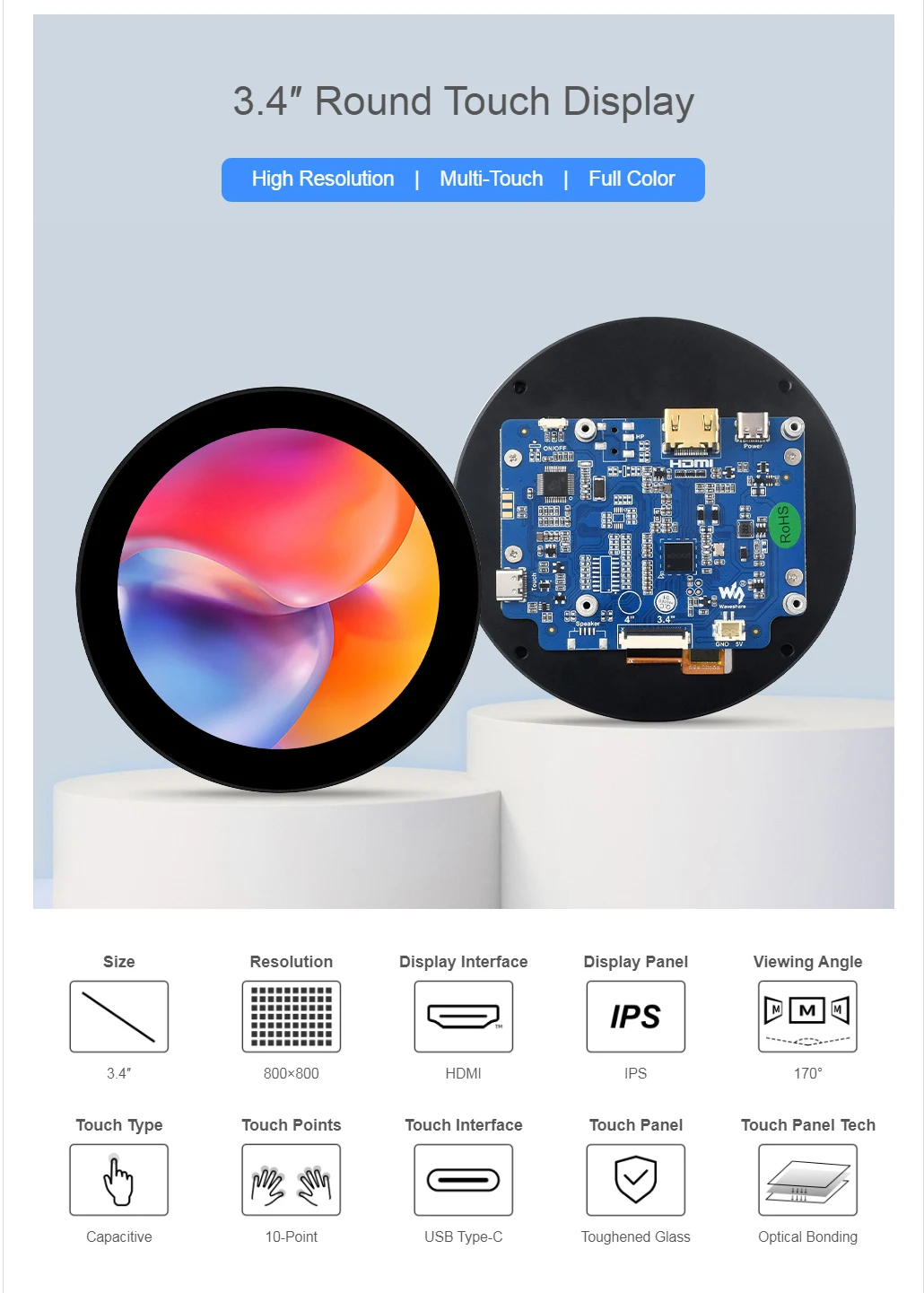 Raspberry Pie Display touch rotondo HDMI da 5 pollici, 1080 × 1080, IPS, tocco a 10 punti, pannello in vetro temperato con incollaggio ottico da 3,4/4 pollici