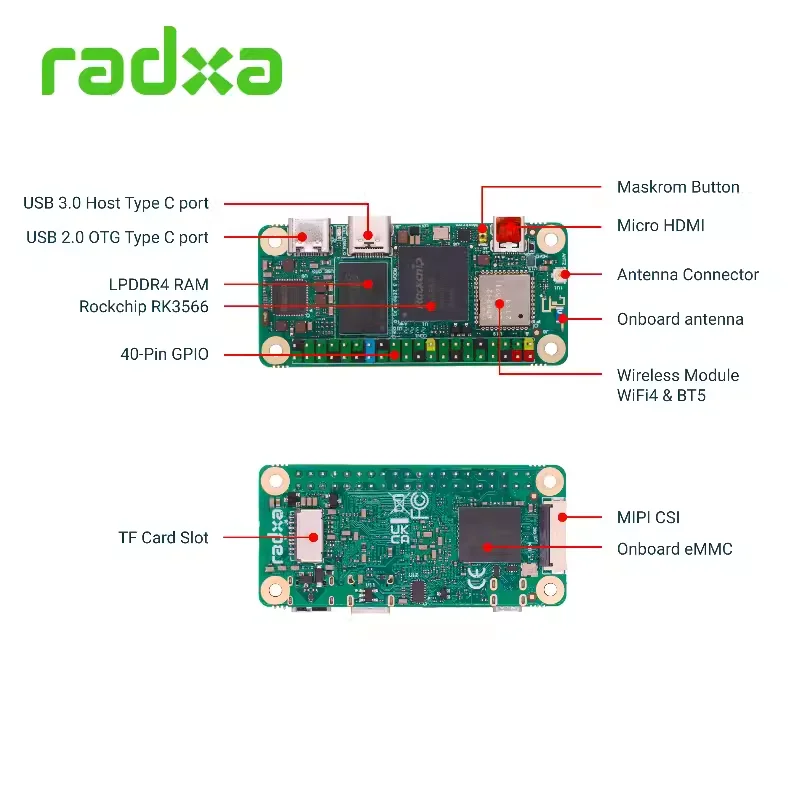 Плата разработки Radxa ZERO 3W Четырехъядерный кронштейн ®   Кортекс ™ -A55 RK3566 Чип DDR4