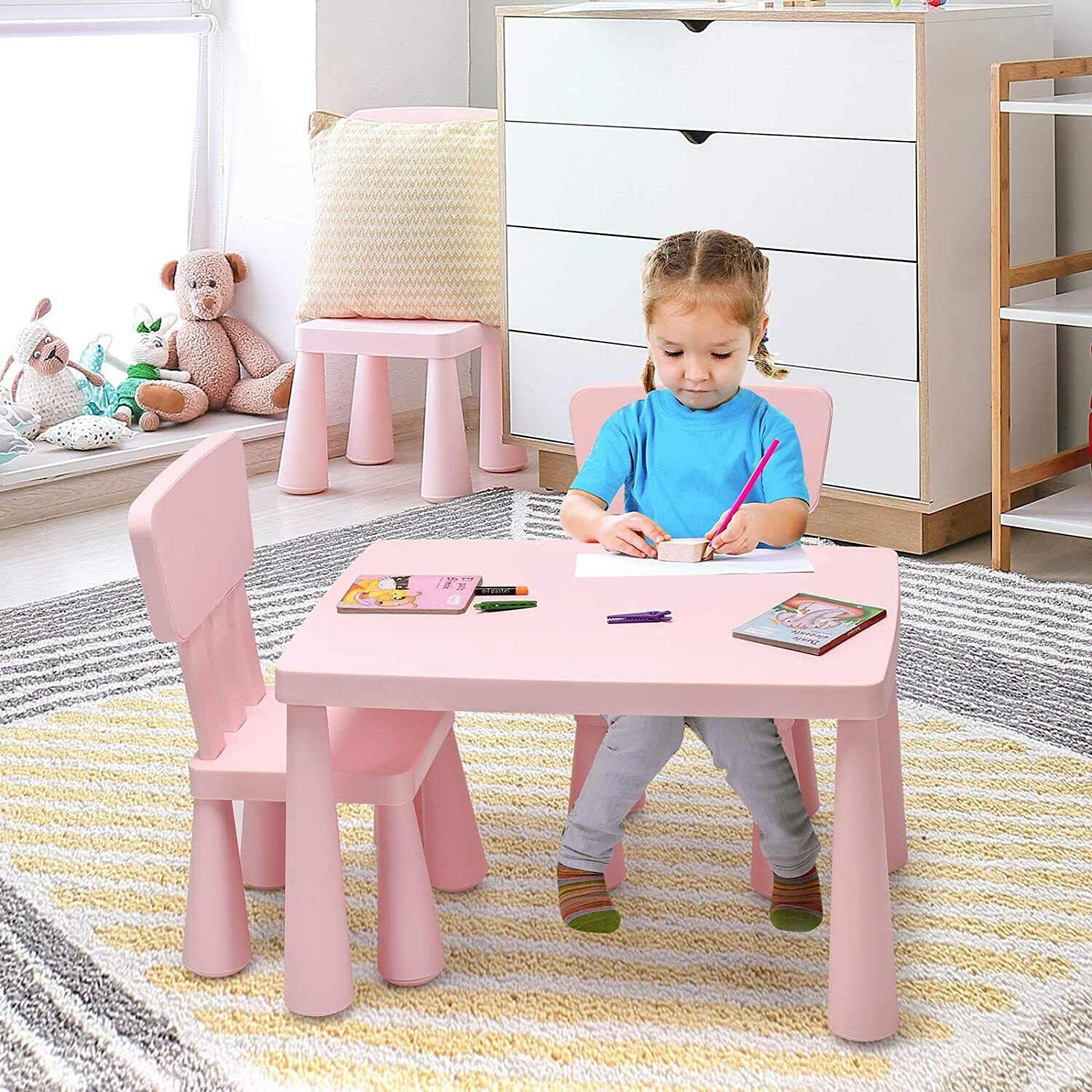 DORTALA 3 Pcs Kids Table and Chair Set Toddler Activity Center Children Writing Desk