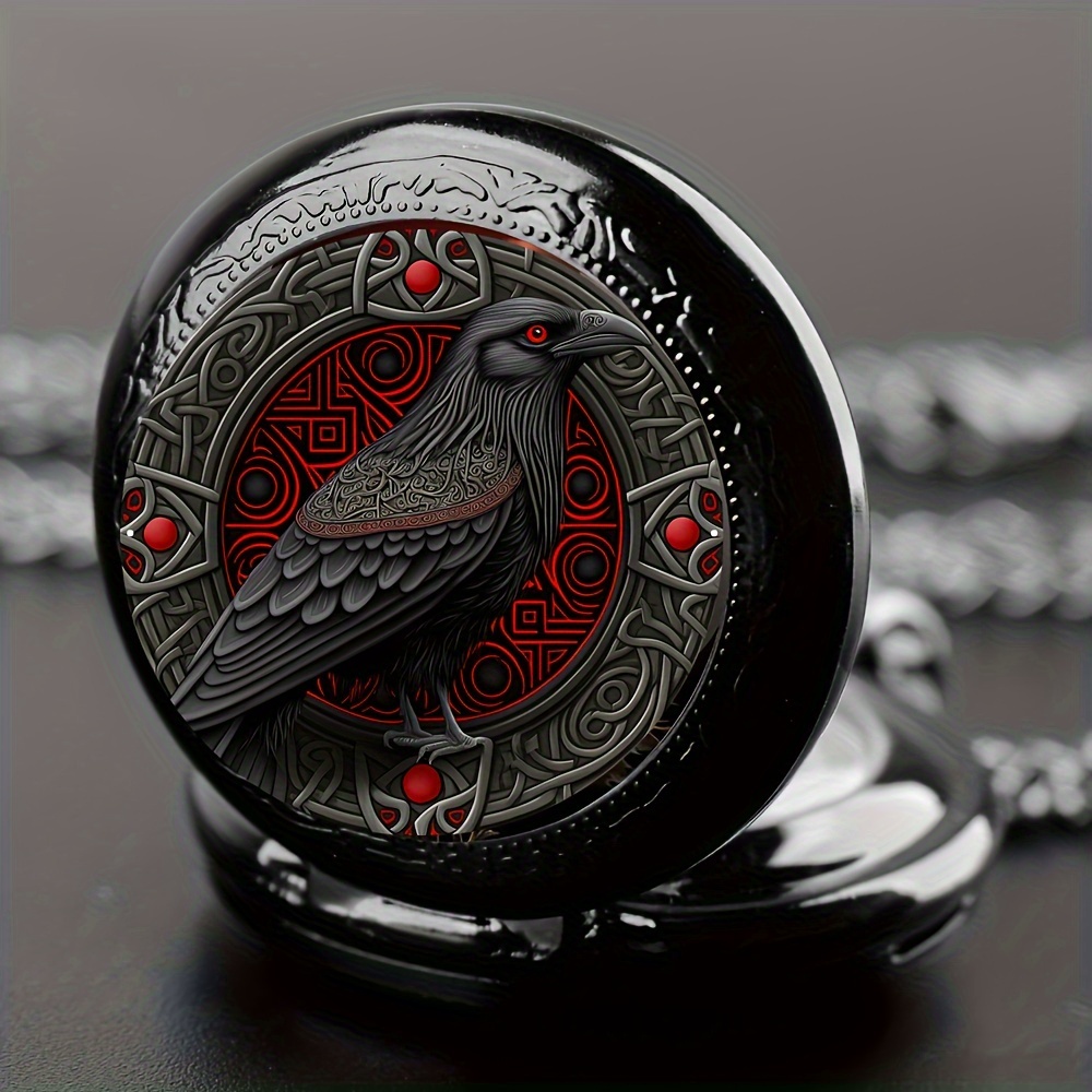 Relógio de bolso corvo preto com design gótico, caixa e pulseira de liga de colar, movimento de quartzo, relógio não à prova d'água para homens, mulheres e crianças
