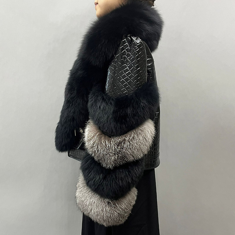 Jaqueta de couro recortada de pele real feminina, gola grande de pele, manga comprida, elegante, atacado, nova