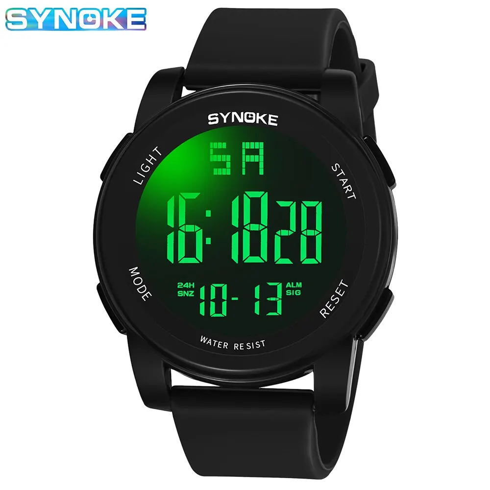 Synoke男性用アウトドアスポーツ多機能防水5bar耐衝撃性大画面ディスプレイ発光デジタル男性用ファッション