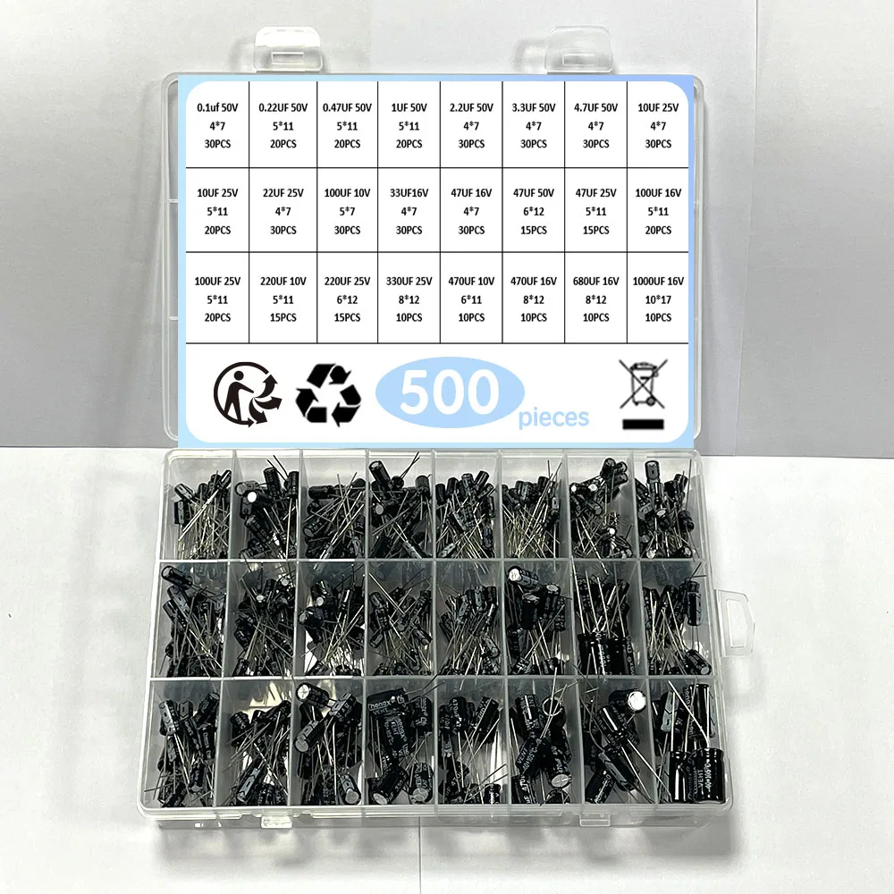 1000 unids/lote 0,1 UF-1000UF 15/24/36 valores aluminio 10-50V mezcla de condensadores electrolíticos Kit surtido y caja de almacenamiento