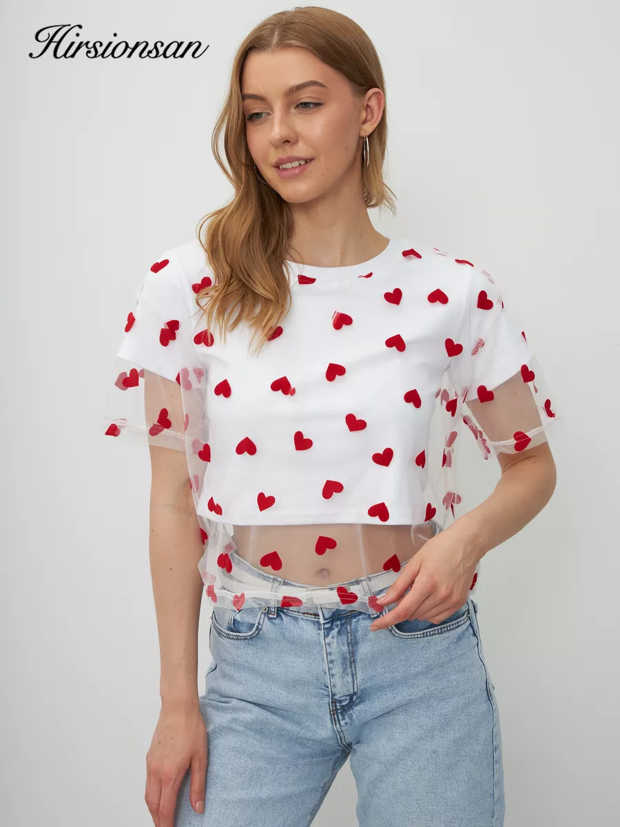 Hirsionsan-Camiseta Vintage de retales de malla con forma de corazón para mujer, ropa de calle, camiseta elegante estética, Tops informales de algodón de manga corta Y2k