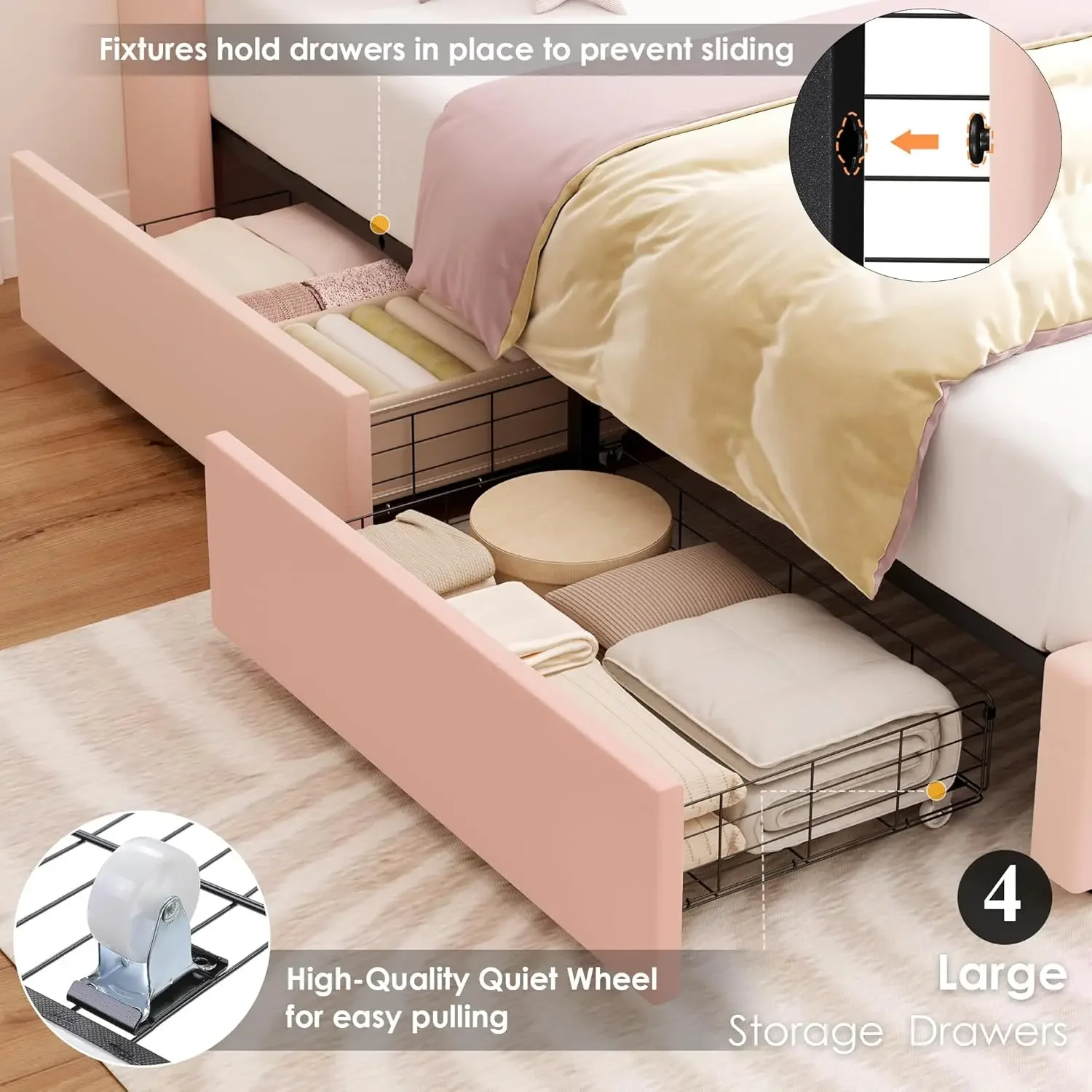 Twin LED Bed Frame with Charging Station Headboard & 4 Storage Drawers, Velvet Crystal Button-Tufted Princess