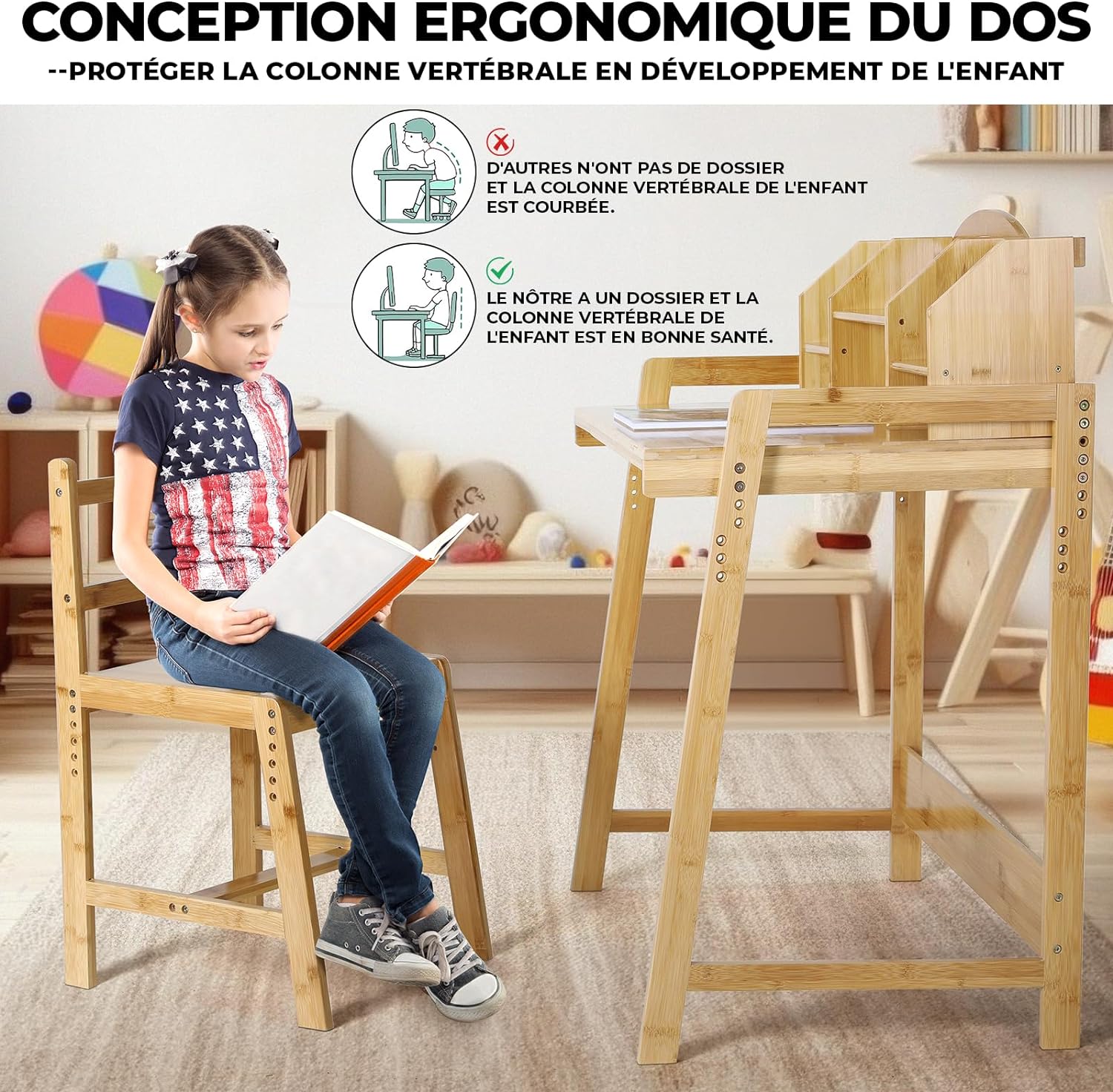 Hölzernes Bambus-Kindertisch-Stuhl-Set, höhenverstellbar, für Studenten, Schreibtisch, Arbeitstisch, Arbeitszimmer, Lerntisch mit Buchhalter, Aufbewahrung