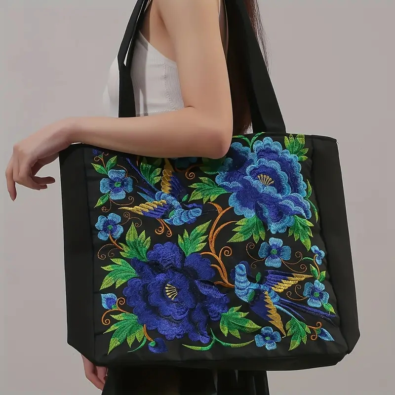 Flower Embroidery Canvas Tote Bag, Ethnic Style Shoulder Bag, Large Capacity Handbag For Women