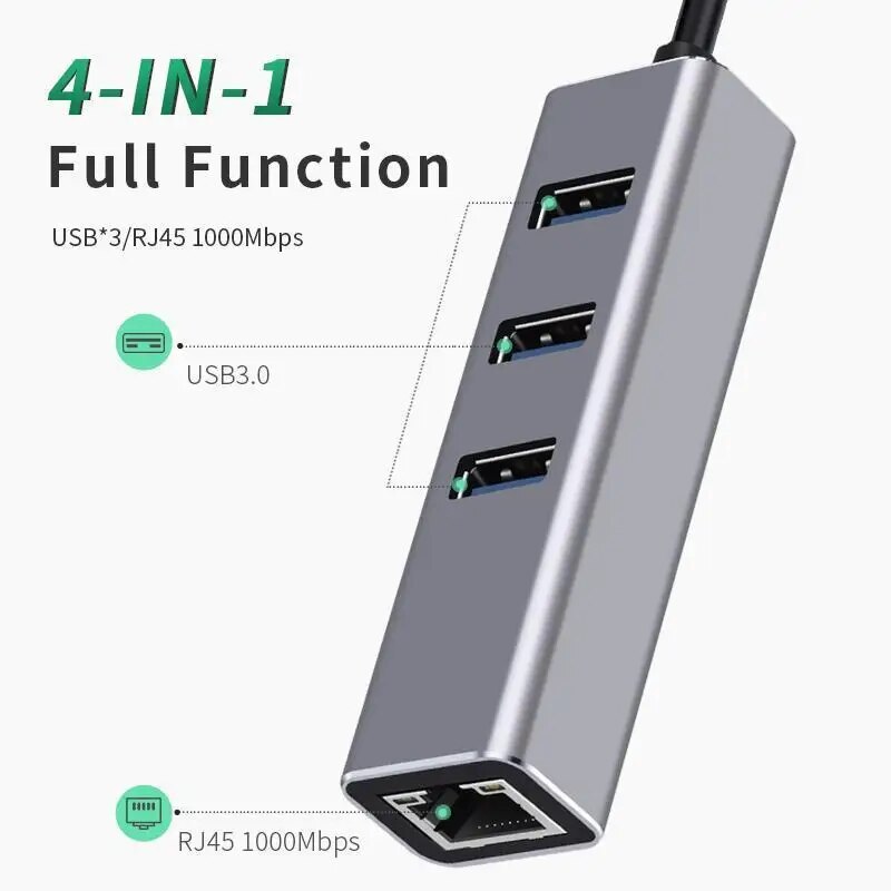Liga de alumínio, LAN, RJ45, 1000Mbps, PC, Mac, Windows, 4 Port Hub Wired External High Speed, USB 3.0 Gigabit Ethernet Network Adapter