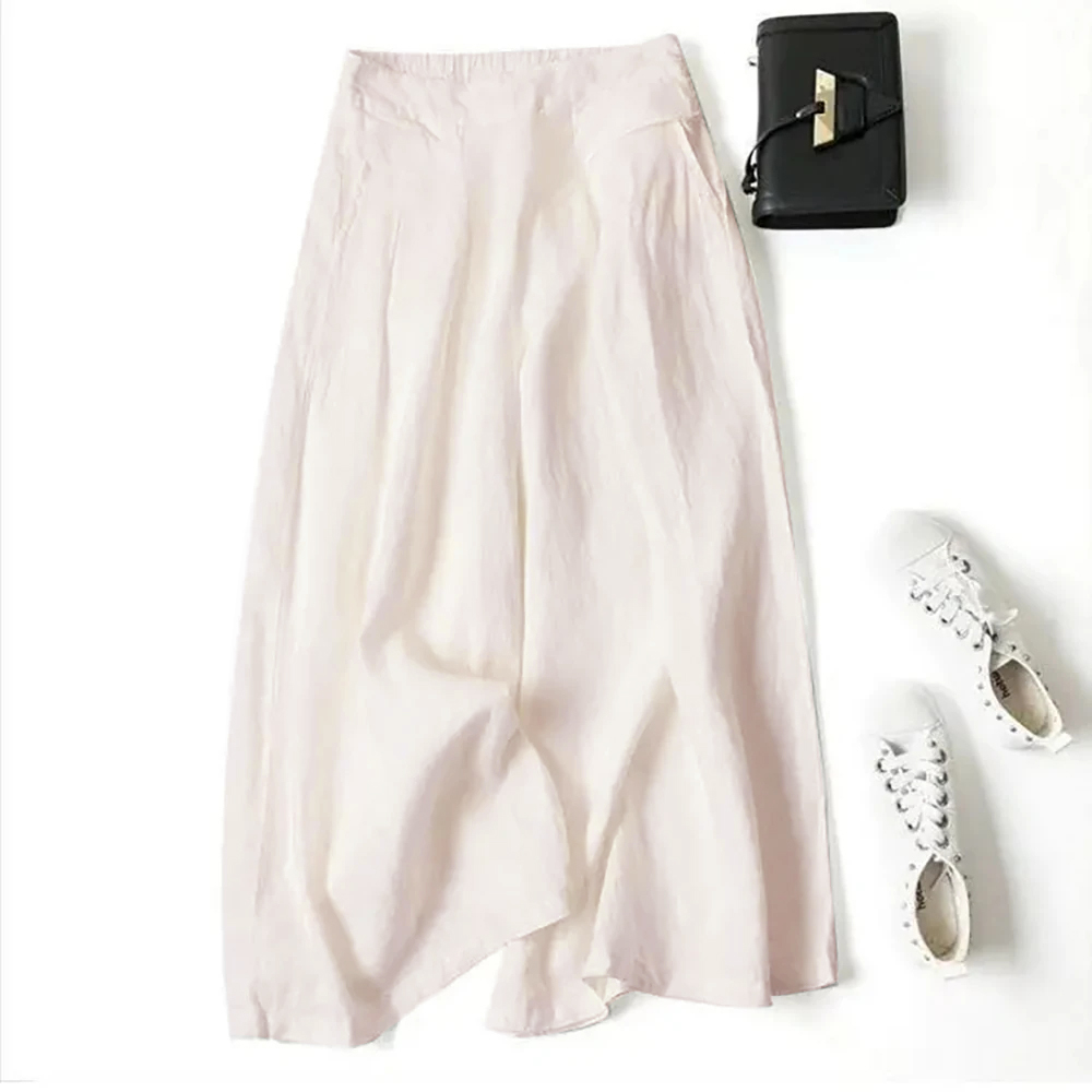Pantalones de lino y algodón para mujer, pantalón de pierna ancha, estilo artístico, cintura elástica, sólido, informal, suelto, talla grande, Verano