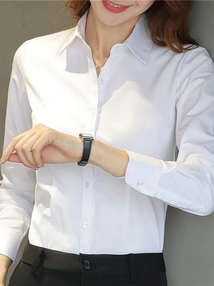 Moda feminina camisa branca feminina manga longa camisa profissional vestido formal tamanho grande roupas de trabalho ol botão das mulheres topos