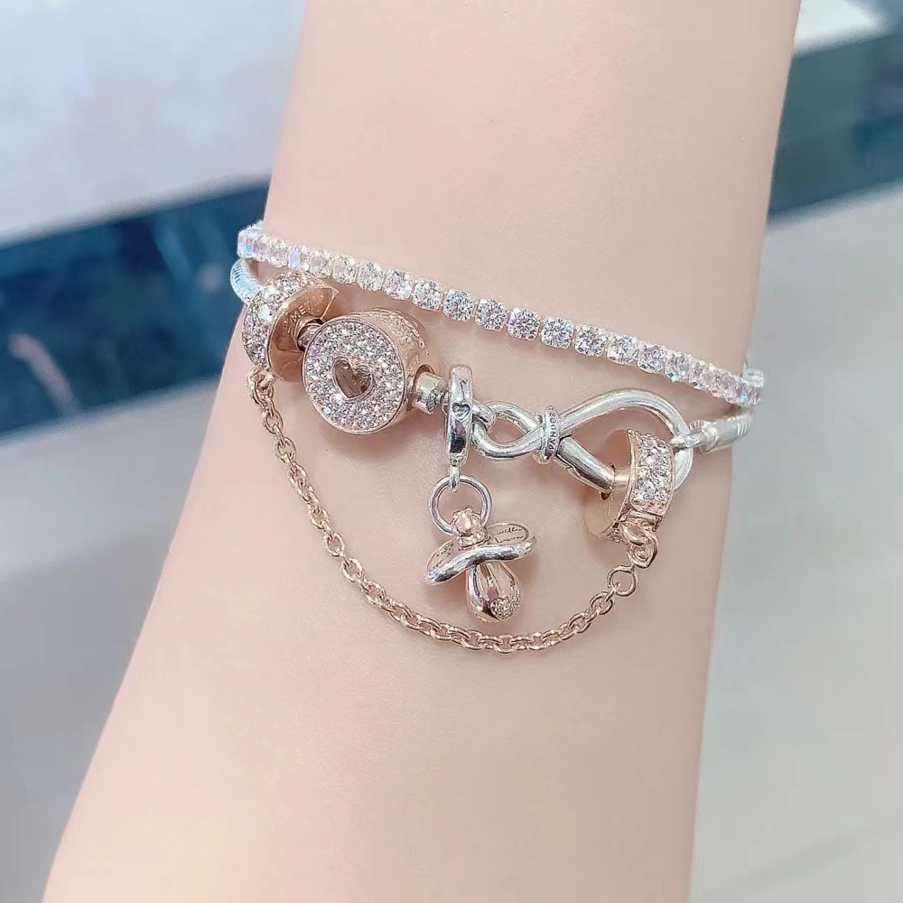 Clear Pavé ห่วงโซ่ความปลอดภัยคลิป Charm 925 เงินสเตอร์ลิง Rose Gold ผู้หญิงเทศกาลเครื่องประดับของขวัญ DIY สร้อยข้อมือจี้