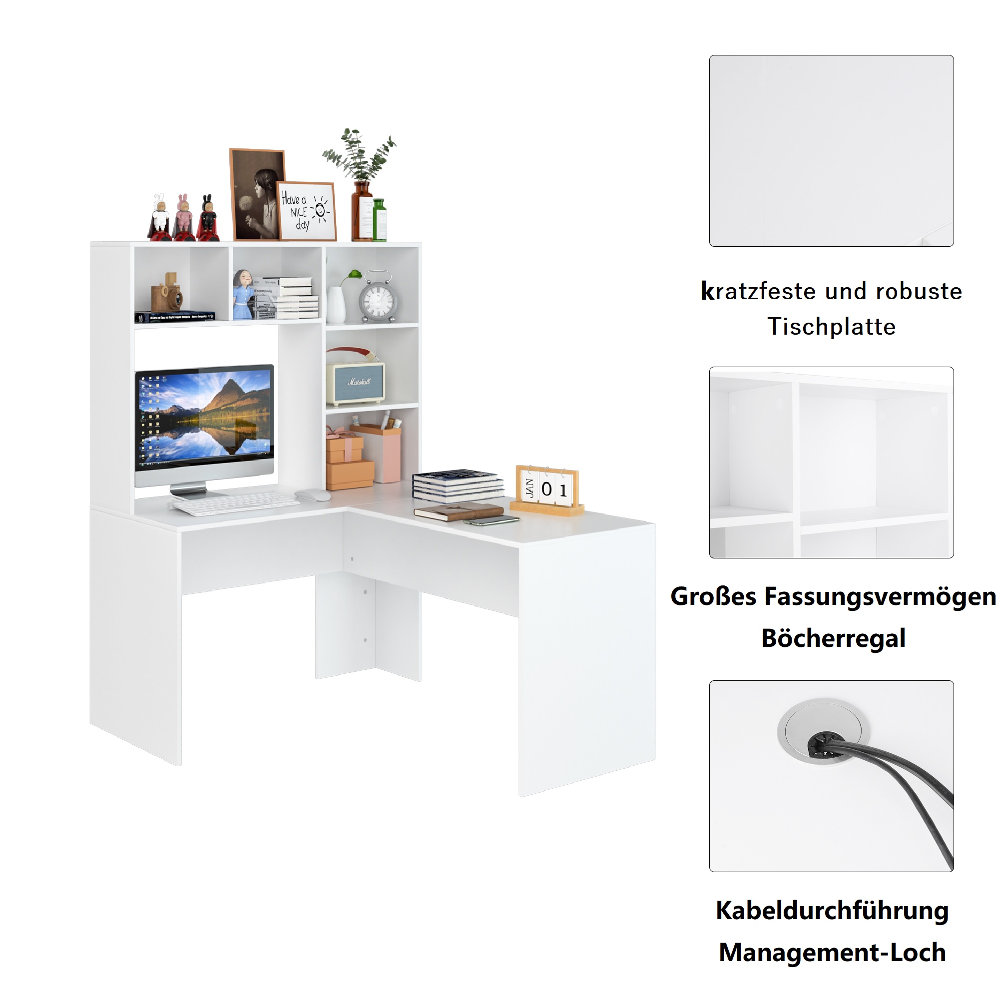 Getone Desk Corner Desk White L Shaped Computer Table Office table for Study Home Office 124.7X107.8X152.5 cm