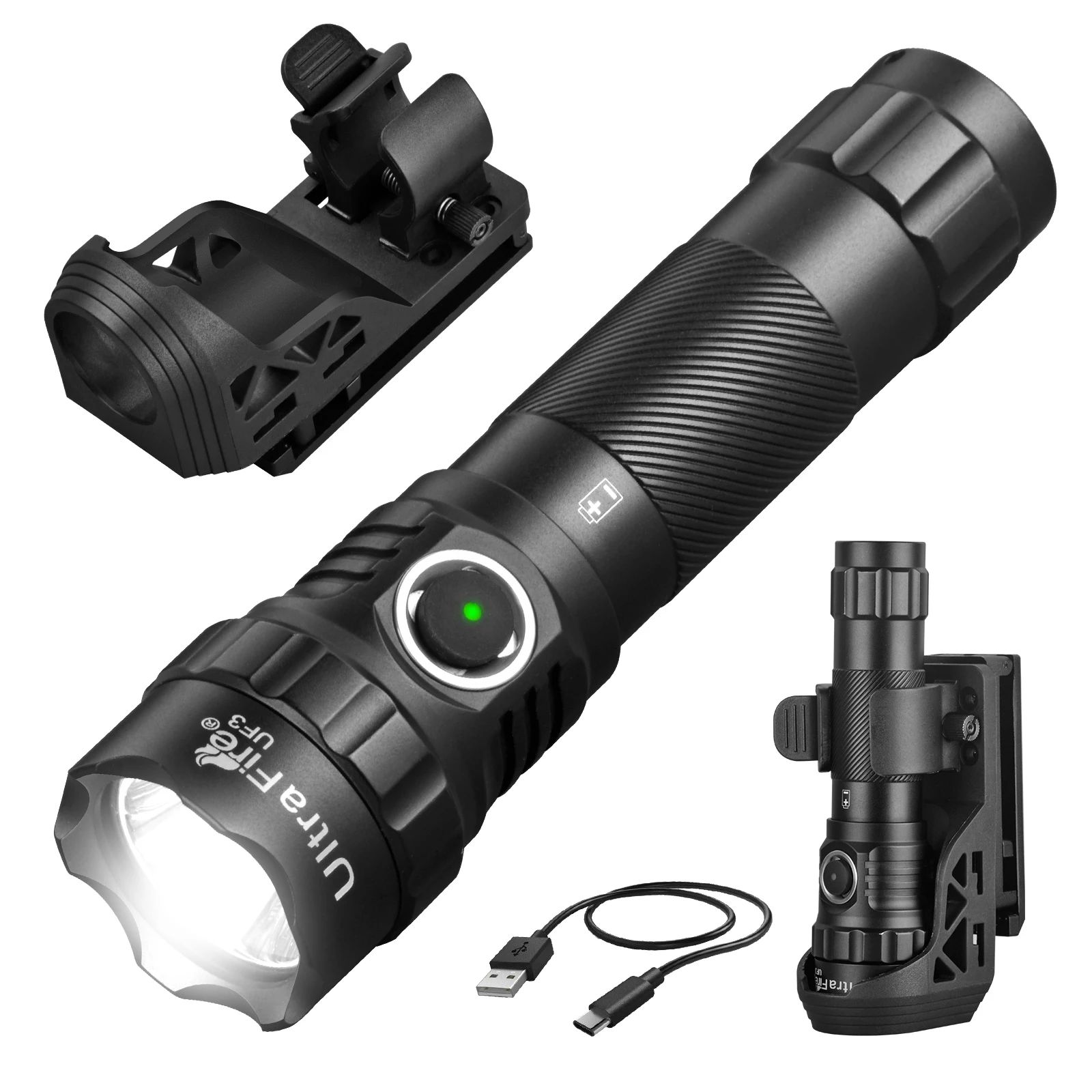 UltraFire UF3 Tactical Flashlight 3 Modes 1200LM Powerful Police Flashlight with Belt Holster 21700 USB C Rechargeable LED Lamp