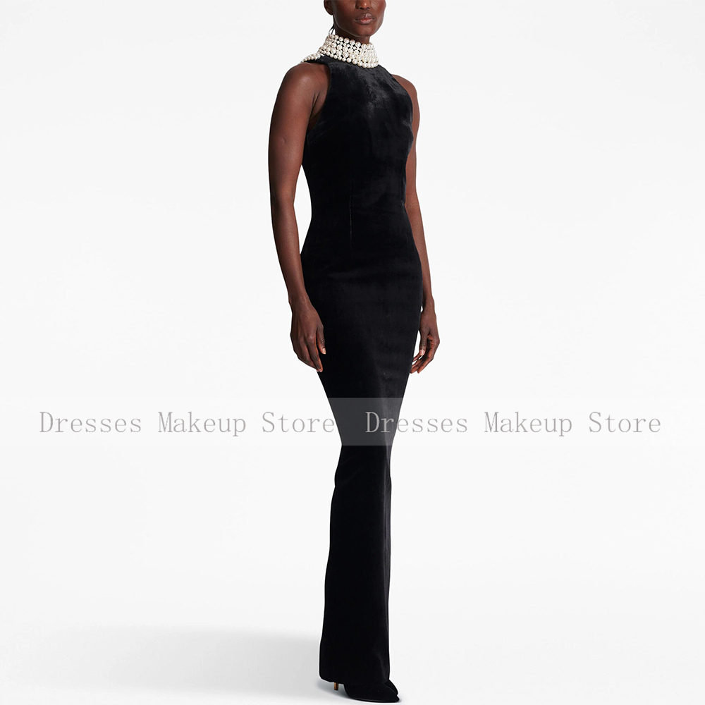 Luxury Women's Evening Gowns Black Velour Pearl Split Formal Dress Straight High Collar Long Beaded Evening Gowns 2024