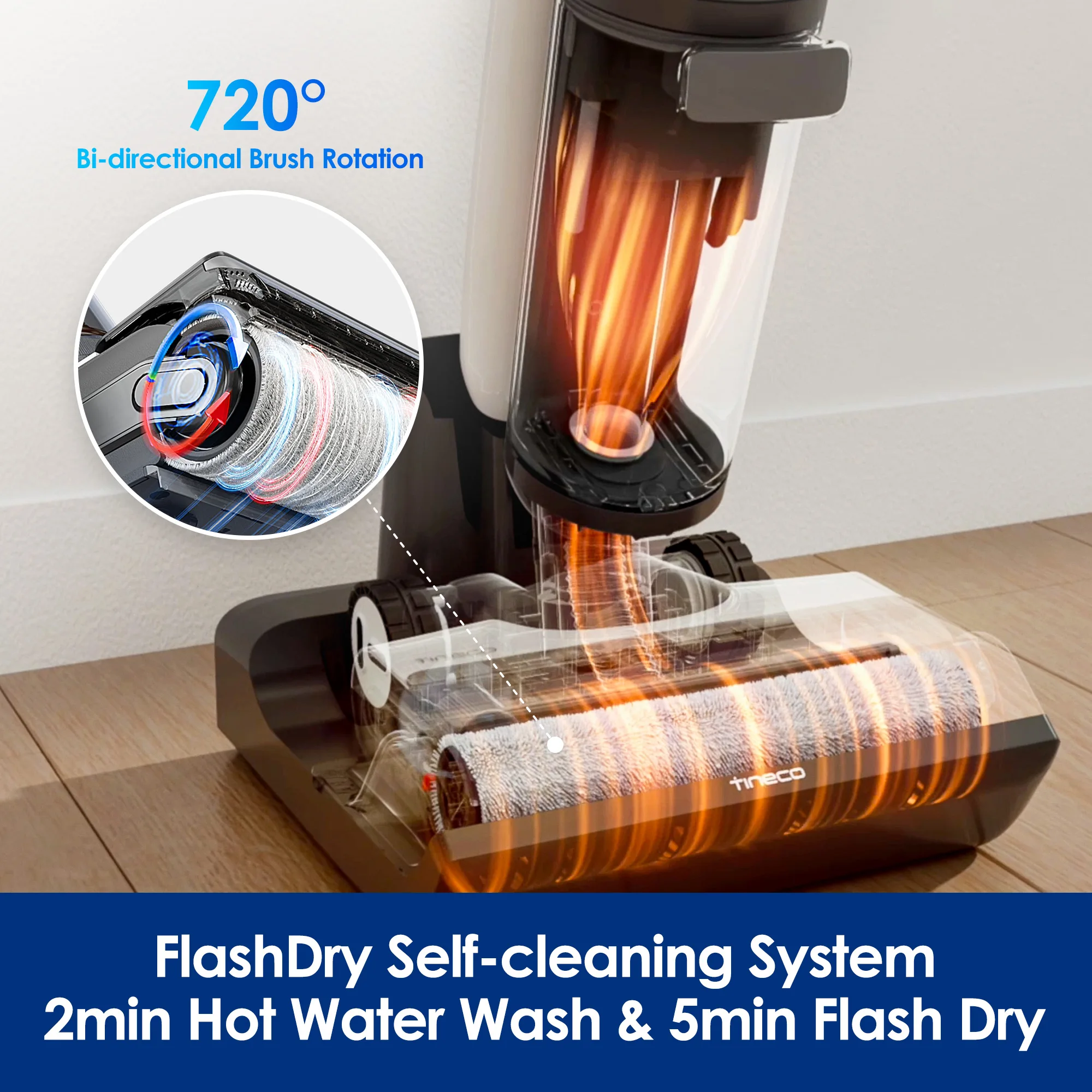 Tineco FLOOR ONE S7 FlashDry Inteligentny bezprzewodowy odkurzacz na mokro i sucho do lepkich wiadomości 158. ℉ Suszenie lampy błyskowej na gorące powietrze Dwustronne czyszczenie krawędzi