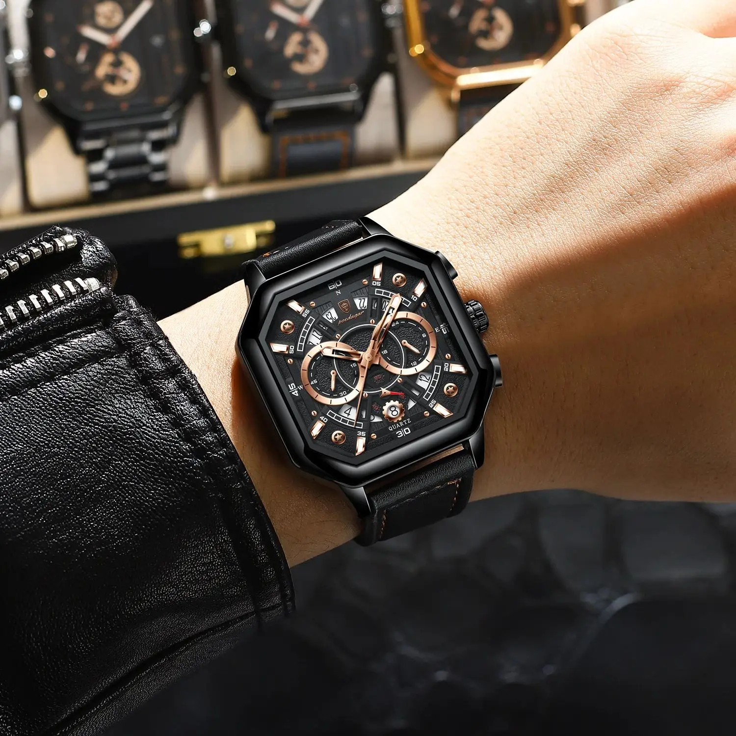POEDAGAR, Reloj cuadrado con cronógrafo de lujo para Hombre, Reloj luminoso resistente al agua con fecha para Hombre, relojes deportivos de cuero para Hombre, Reloj de cuarzo para Hombre