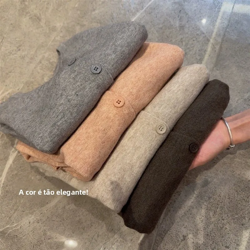 Cardigan Aberto de Lã Fina e ga da Pele, Versão Coreana para Mulheres, Estilo Solto com Decote em V, Suéter Curto