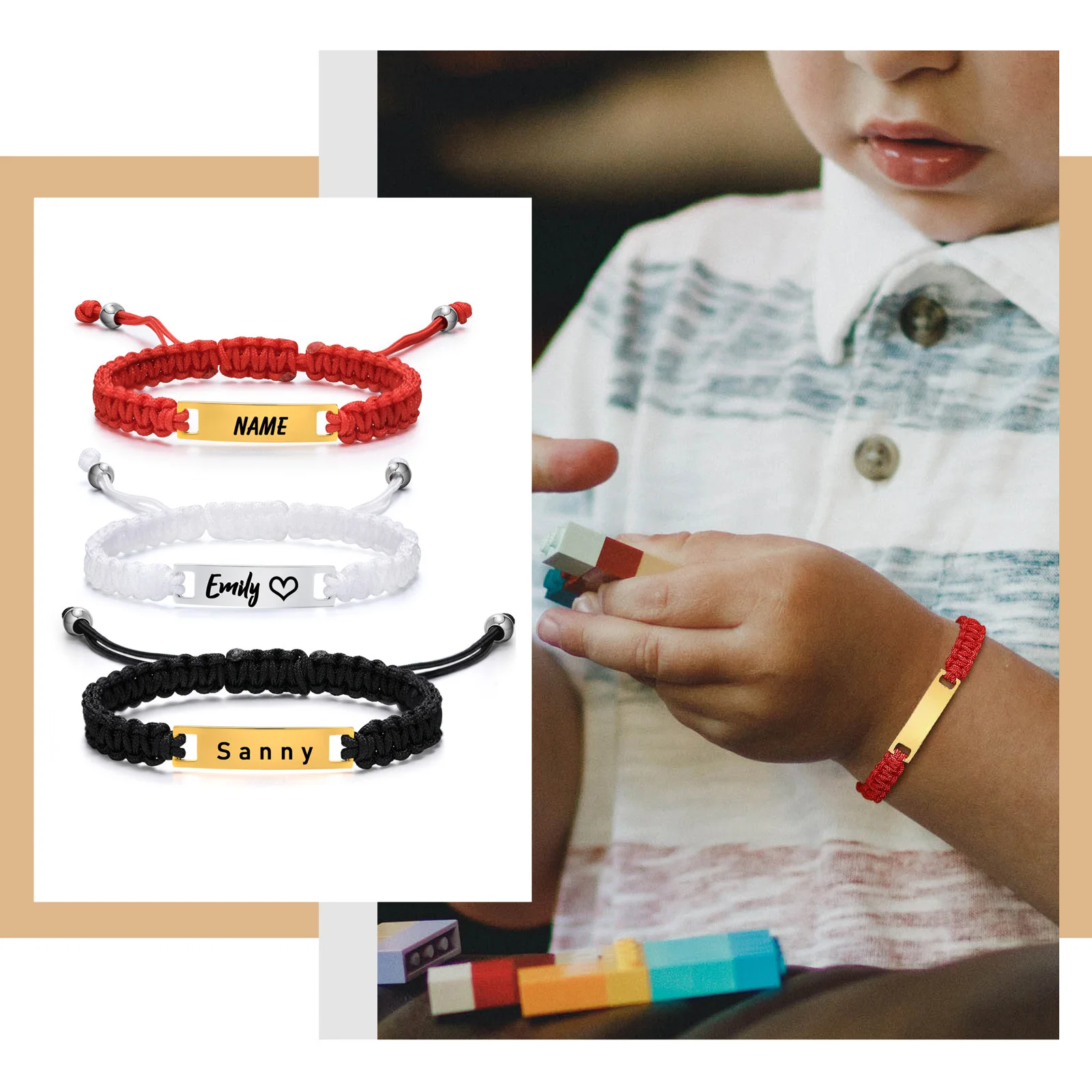 Gepersonaliseerde naamarmband voor meisje jongen kind, verstelbaar gevlochten touw aangepaste ID-tag armband, graveren verjaardag kerstcadeau