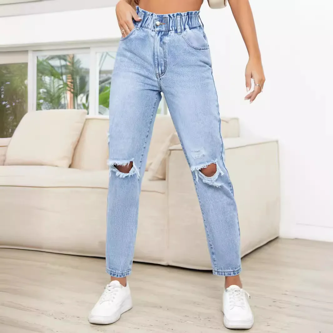 Japan und Südkorea Lässige gewaschene zerrissene Jeans für Frauen Frühling und Sommer Neue Mode Gerade Neun Minuten Hosen Frauen