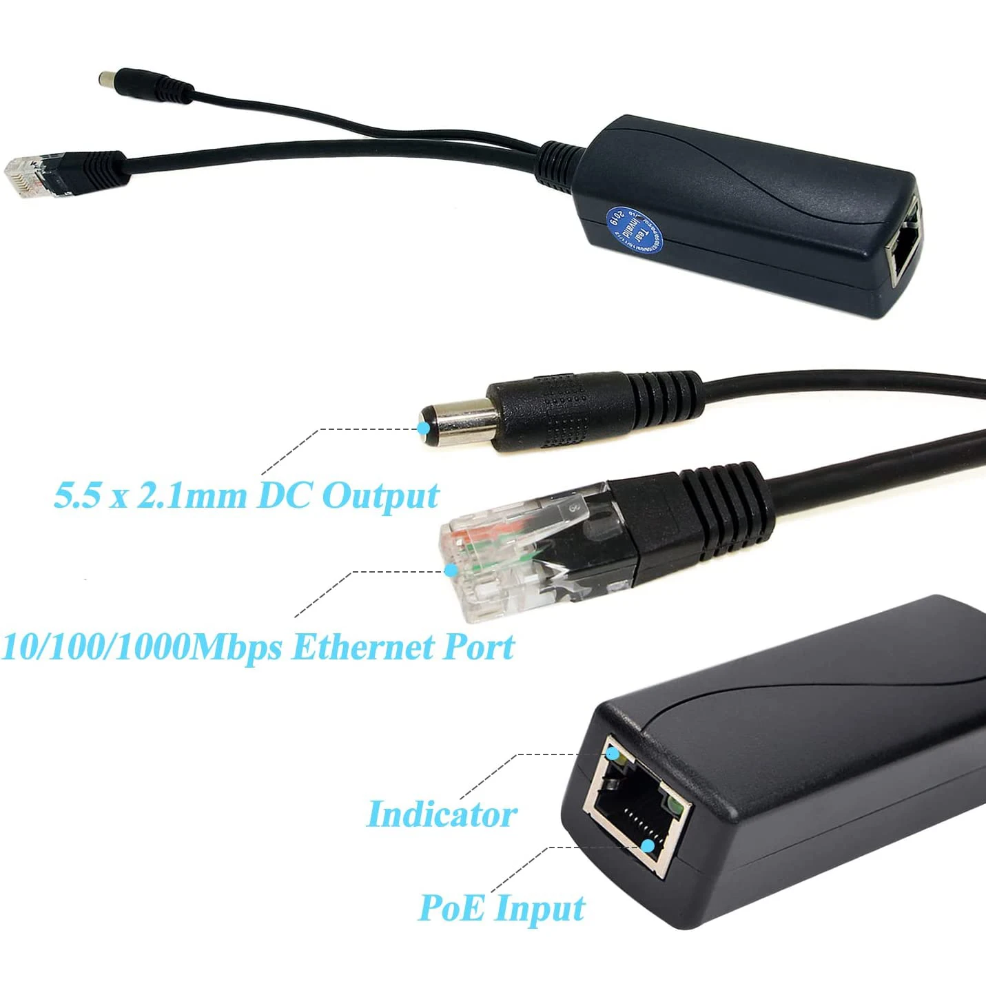 Divisor Gigabit PoE salida de 12V 2A con adaptador divisor de alimentación a través de Ethernet compatible con estándar IEEE 802.3af/at de 10,100,1000Mbps