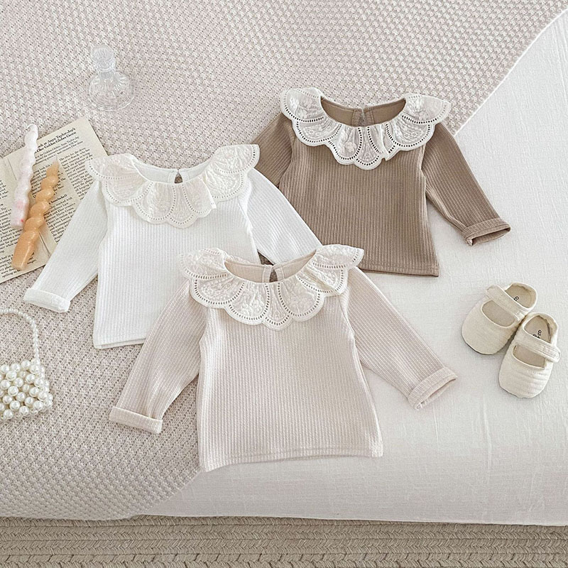 Camisa de fondo con cuello de flor de loto bordada para niñas, ropa interior sencilla para niños de 0 a 3 años, novedad de otoño