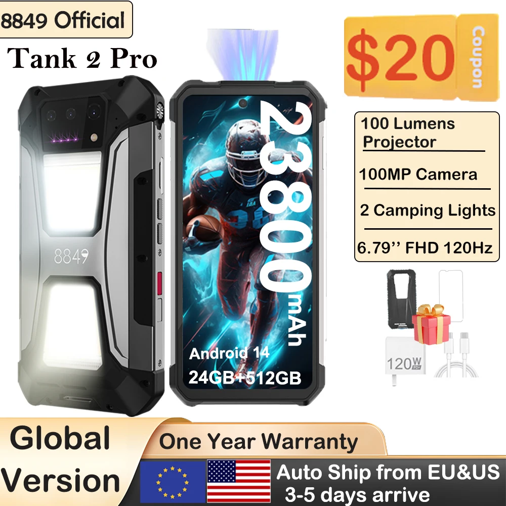 8849 tanque 2 pro projetor robusto smartphone android 2.4k 24gb 512gb 100mp câmera 23800mah 120w duplo sim otg telefone