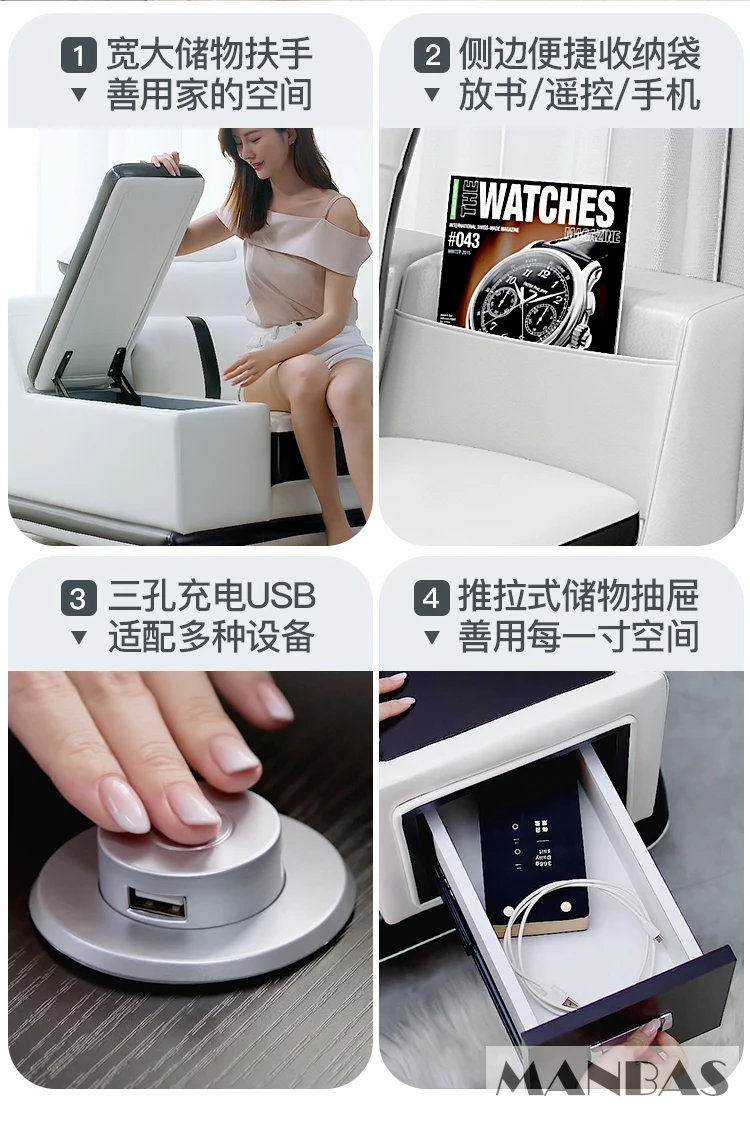 Sofá moderno de cuero genuino para sala de estar de MANBAS: elegante sofá italiano con altavoz Bluetooth, USB y reposacabezas ajustables