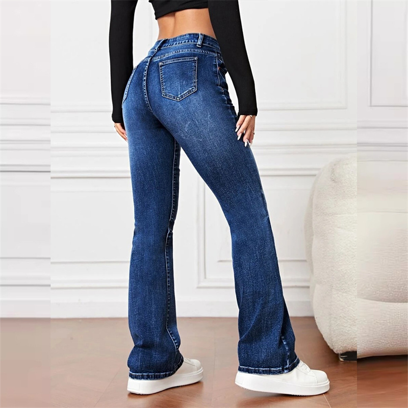Mulheres novo casual micro flares jeans vintage meados de cintura botão splice denim calças femininas escritório commuter tendência streetwear