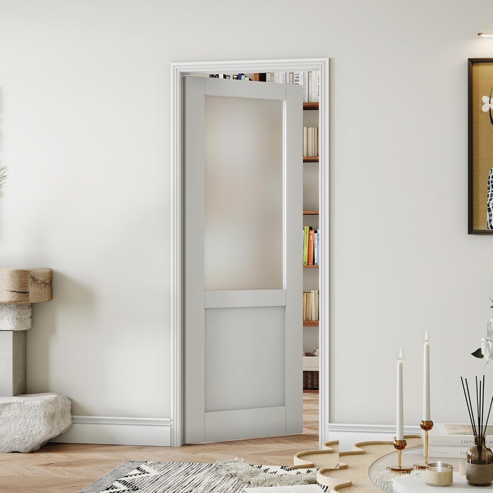 30" X 80" French Interior Door - Half Lite Frosted Glass Pantry Doors Panels, Closet & Bathroom Single Door Slab, Interior Door
