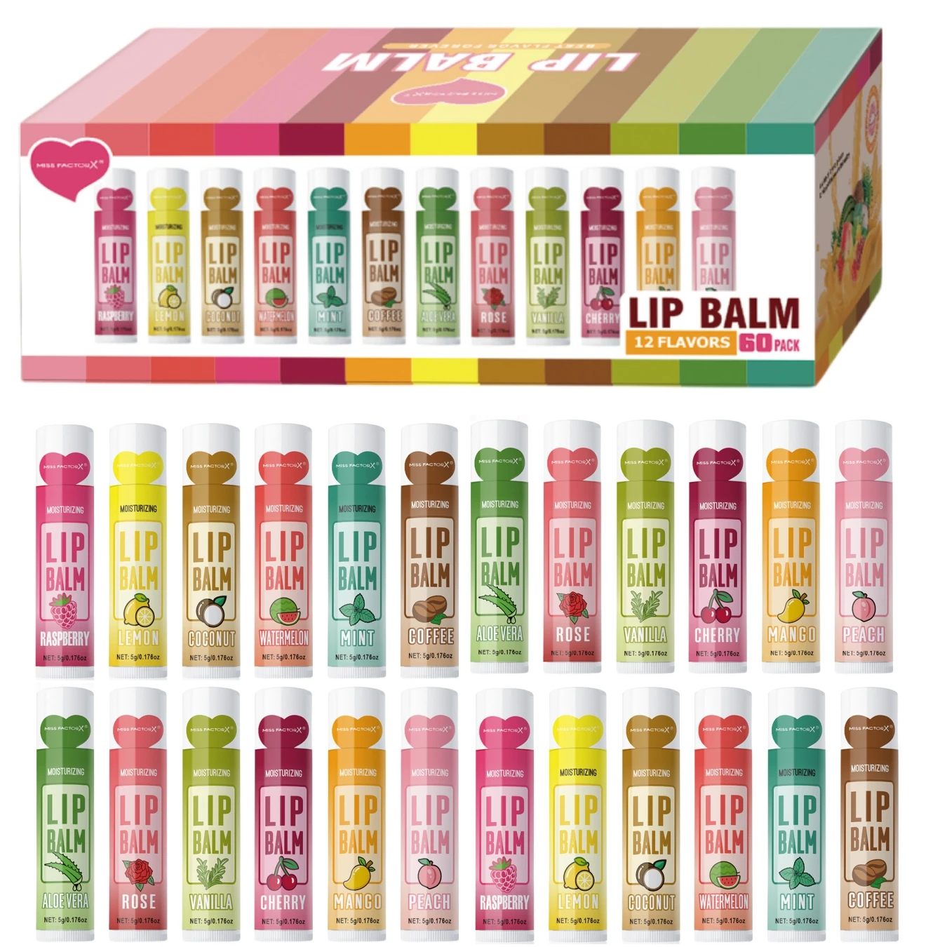 Conjunto de bálsamo labial hidratante, 60 peças, 5g, hidratação profunda e brilho labial, presente para festas de fim de ano