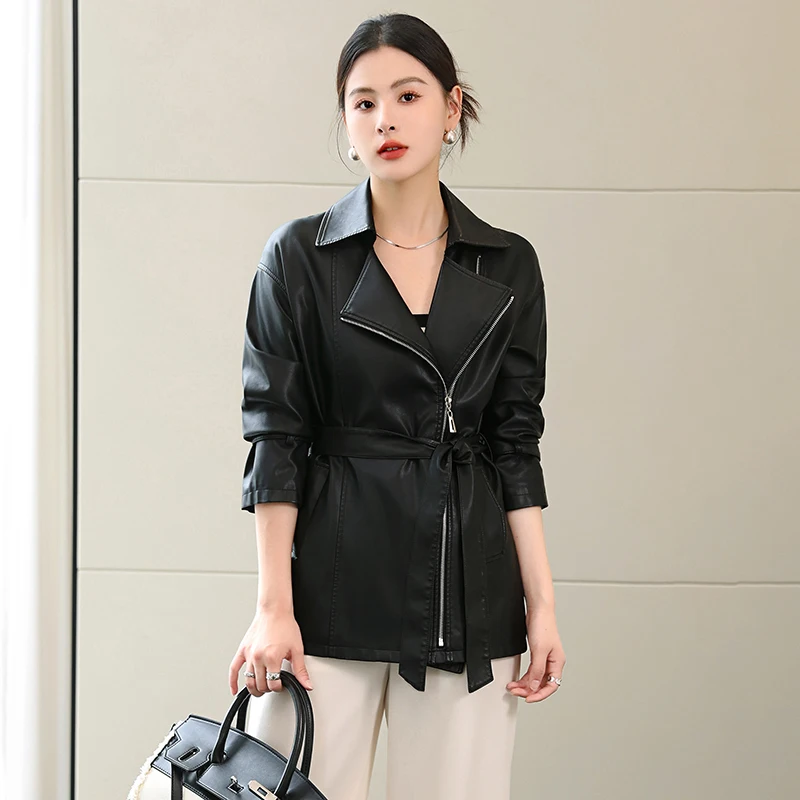 Neue Frauen Frühling Herbst Schwarzer Ledermantel Mode Reißverschluss Fliege Schnürung schlanke Taille Schafsfell Trenchcoat Spaltleder Lässiger Mantel