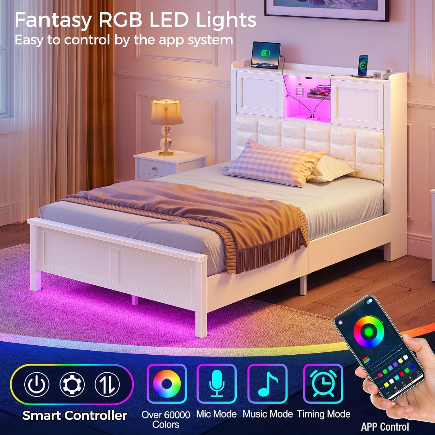 Bed Frame Twin Size with Charging Station, Bookcase Headboard Bed with LED Light and Sliding Doors, Platform Bed with