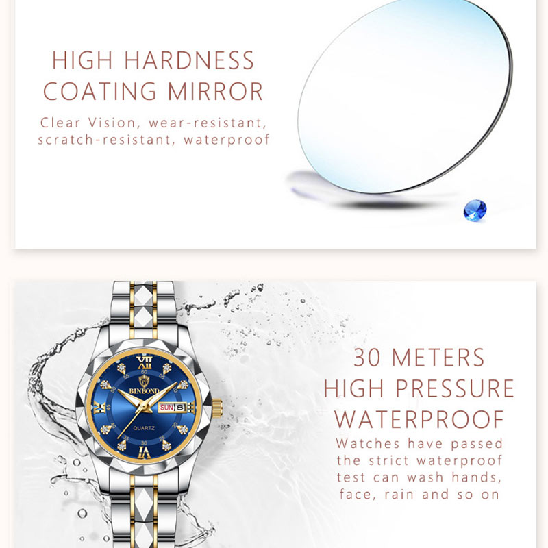 BINBONG Dameshorloges Luxe Mode Dames Quartz Horloge Waterdicht Lichtgevende Datum Roestvrij Vlek Horloge Vriendin Cadeau