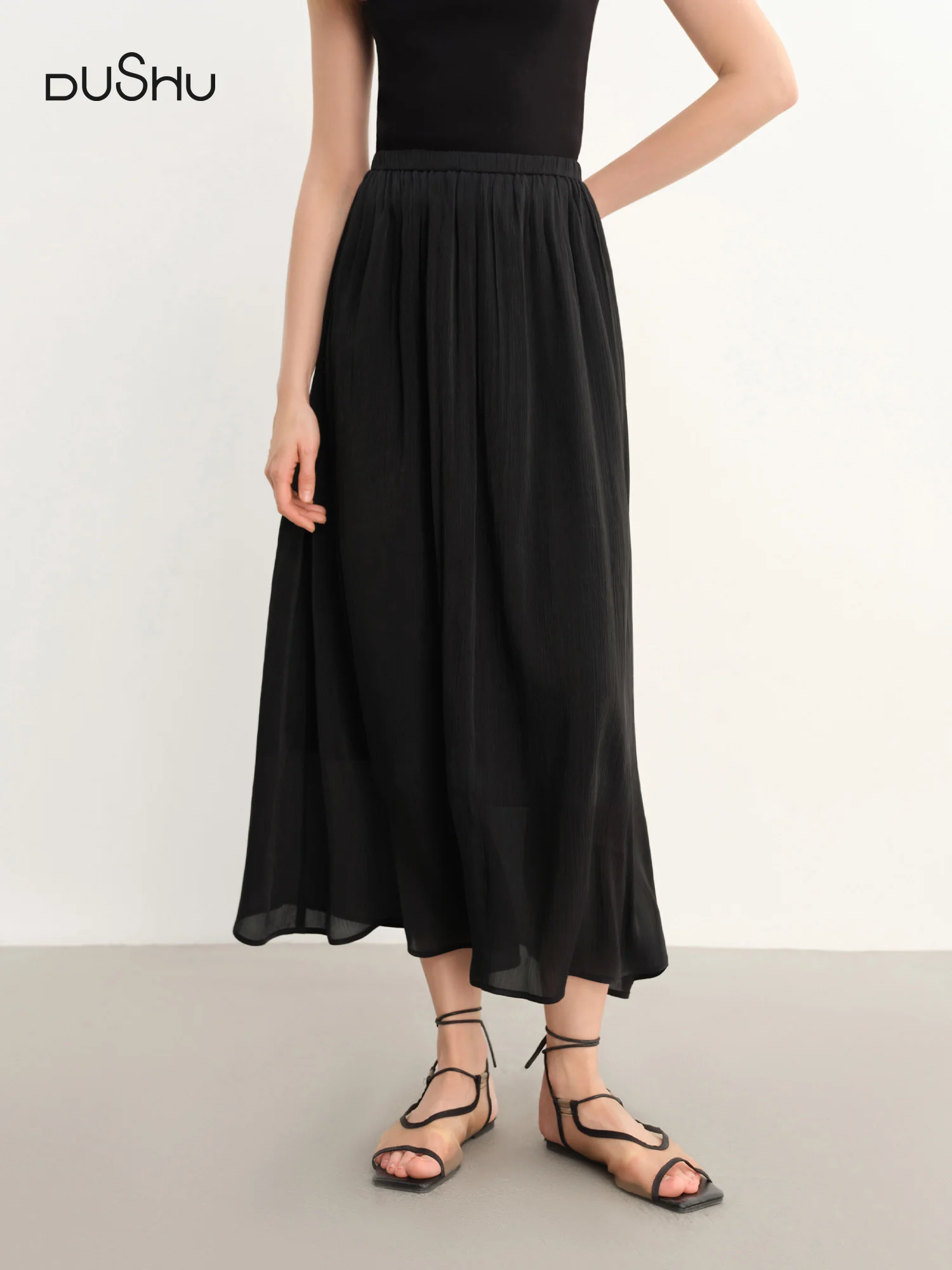 DUSHU Plus-Size Women's Lightweight Flowing A-Line Skirt - 2025 Summer New Fashionable Commute Long Dress 25DS82792