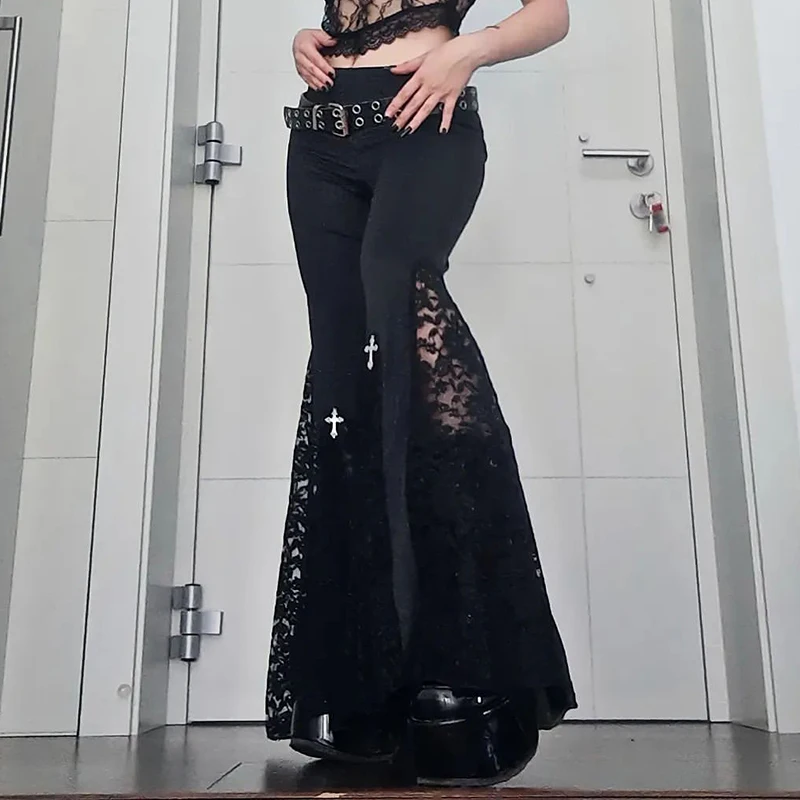 Y2K ゴシック黒ベルベットレースメッシュフレアパンツセクシーな原宿美的シースルーエモパンツヴィンテージ女性の夏のパンツストリート